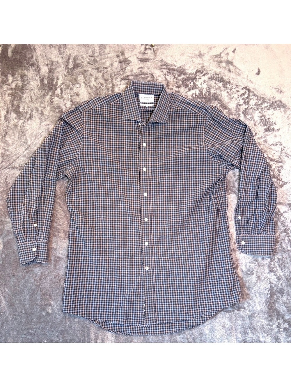 Ledbury Classic Fit Check Button Down Shirt Blue Brown 16.5 100% Cotton